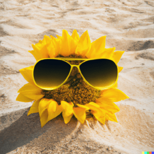 DALL·E 2022 11 25 16.37.42 a photograph of a sunflower with sunglasses on in the middle of the flower in a sand dessert Hi Homie