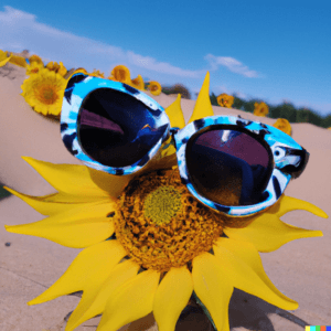 DALL·E 2022 11 25 16.39.35 a photograph of a sunflower with sunglasses on in the middle of the flower in a sand dessert Hi Homie