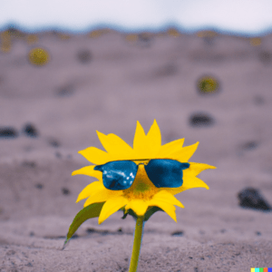 DALL·E 2022 11 25 16.39.40 a photograph of a sunflower with sunglasses on in the middle of the flower in a sand dessert Hi Homie