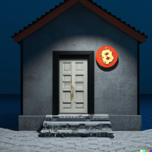 DALL·E 2022 11 30 18.36.43 a house with the door in the shape of the bitcoin sign digital art Hi Homie