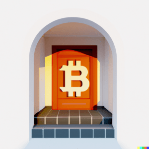 DALL·E 2022 11 30 18.36.49 a house with the door in the shape of the bitcoin sign digital art Hi Homie