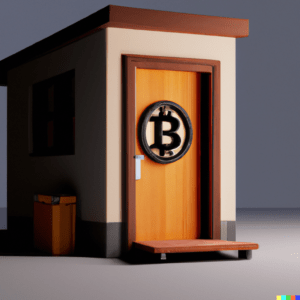 DALL·E 2022 11 30 18.37.00 a house with the door in the shape of the bitcoin sign digital art Hi Homie