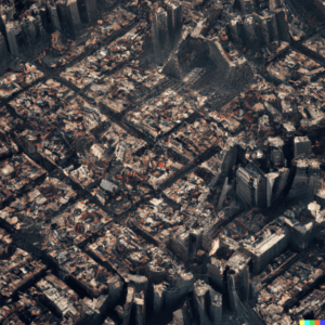 DALL·E 2022 12 12 10.47.37 a city full of buildings from the air digital art Hi Homie