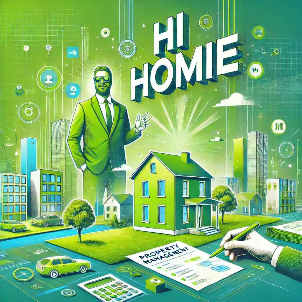 DALL·E 2024 09 06 10.41.35 A vibrant green themed image that visually represents property management. It includes elements like buildings paperwork and a manager overseeing t Hi Homie